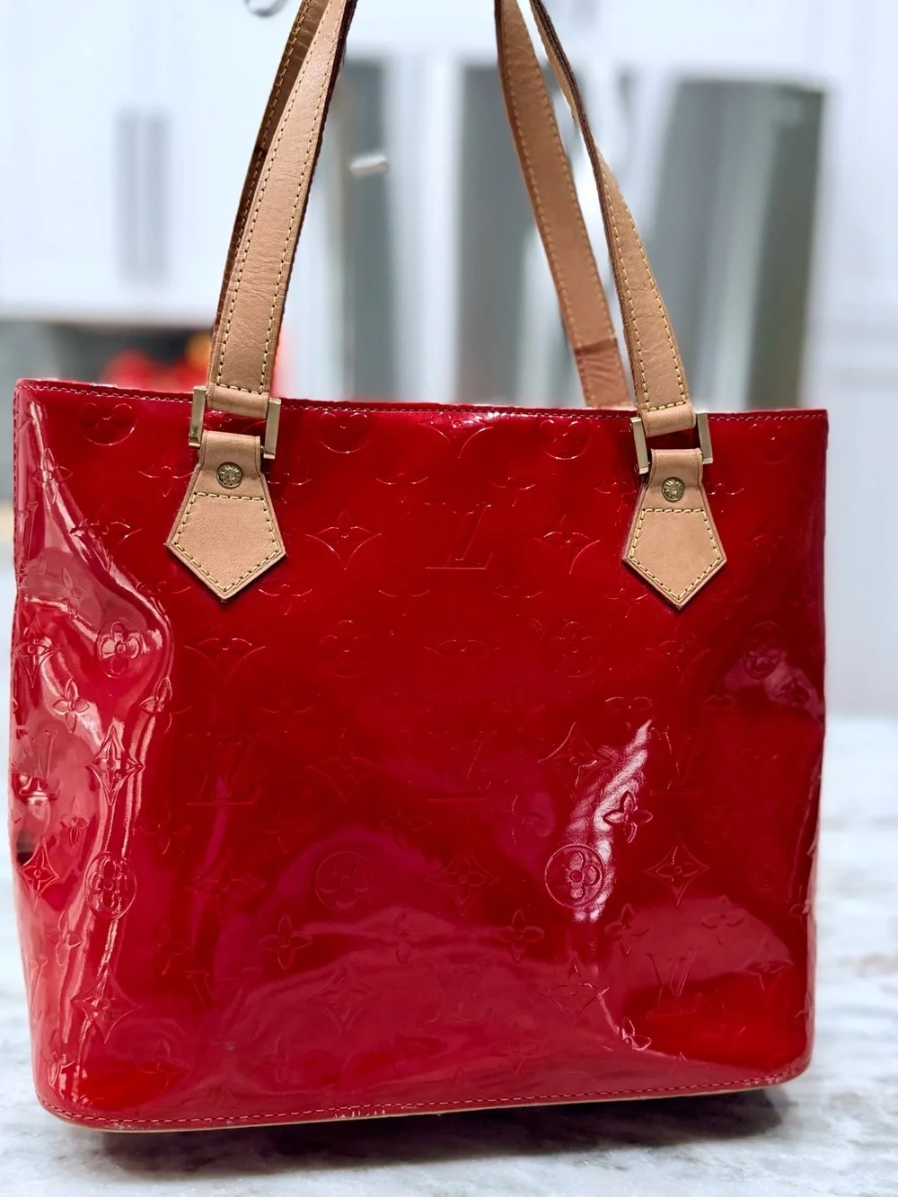 Louis Vuitton Authentic Red Patent Tote Bag with Leather Handless/Trim